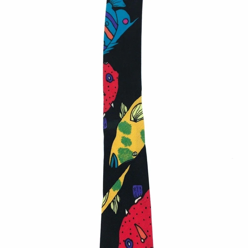 Handmade Black Colorful Fish Tie Sea Animal Art Artistic Men's Necktie 3.5 x 55